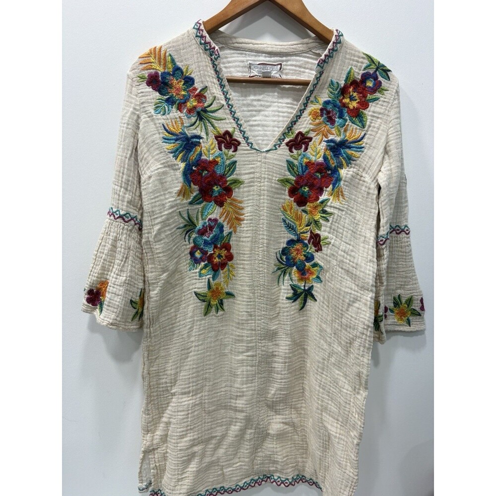 Johnny Was Workshop Women's Tunic Mini Dress  Size  XS Floral Embroidered Cream